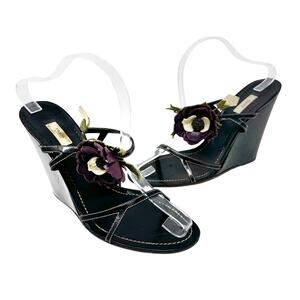 Vintage Prada Floral Leather Wedge Sandals Black Purple EU 41 Y2K Heels